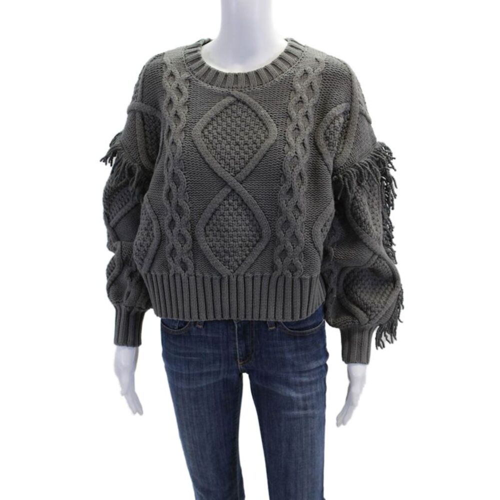 Line And Dot Womens 3/4 Sleeve Chunky Crochet Knit Fringe Sweater Gray Small